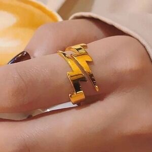 Lightning Bolt Ring 18K Gold Plated Titanium Steel Minimalist‎ Adjustable Size 6